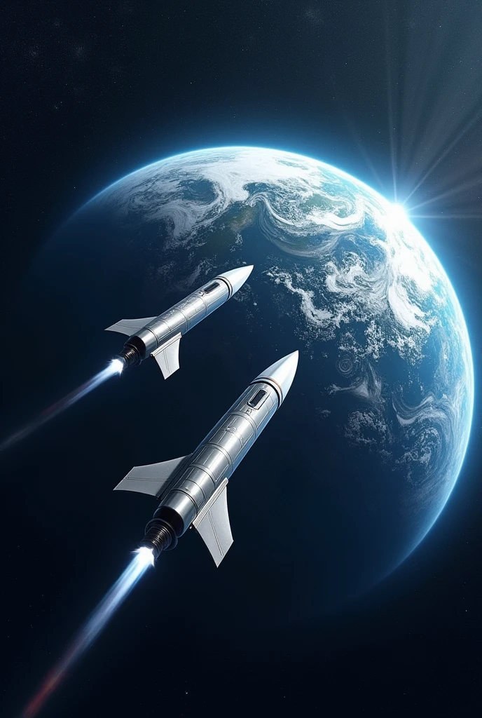 2 space rocket with earth in the background. further , I said far away. make the ships more consistent with reality

