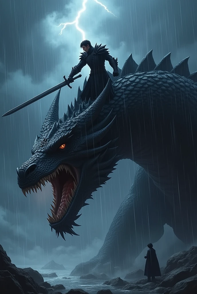 Create a large and imposing black dragon, while above him a man with medium muscle mass, with black armor, With a great sword he thrusts his sword into the dragon's head, while the dragon roars under a rainy night anime style