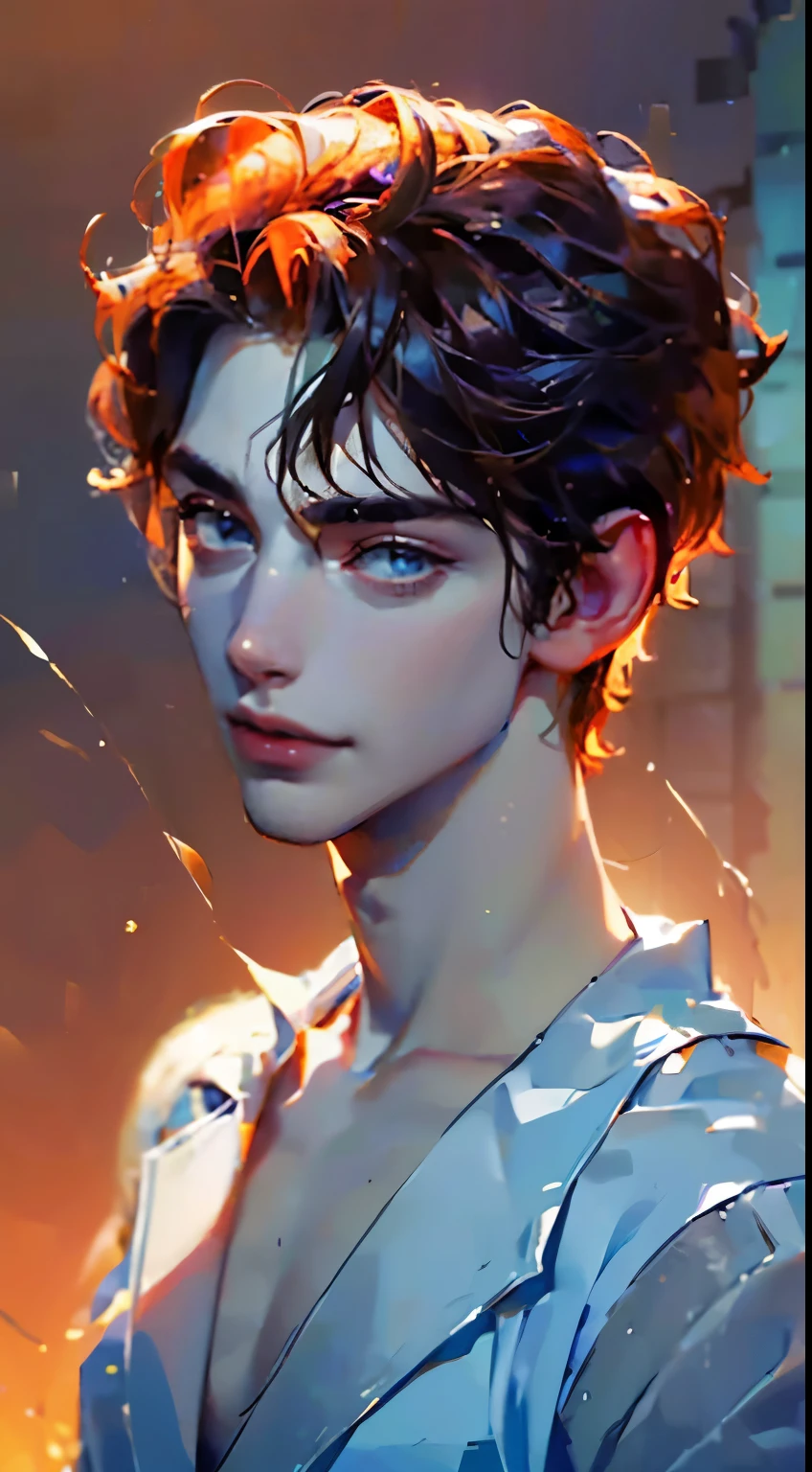 (best quality,4K,8k,High resolution,masterpiece:1.2),Super detailed,(actual,photoactual,photo-actual:1.37),1 person,20 years old,German,Male high school student,beautiful skin、contour、very handsome,Expressionless,Smile,black short curly hair,blue eyes,Sharp eyes,Undoubtedly perfect face,theater lighting,High-definition images