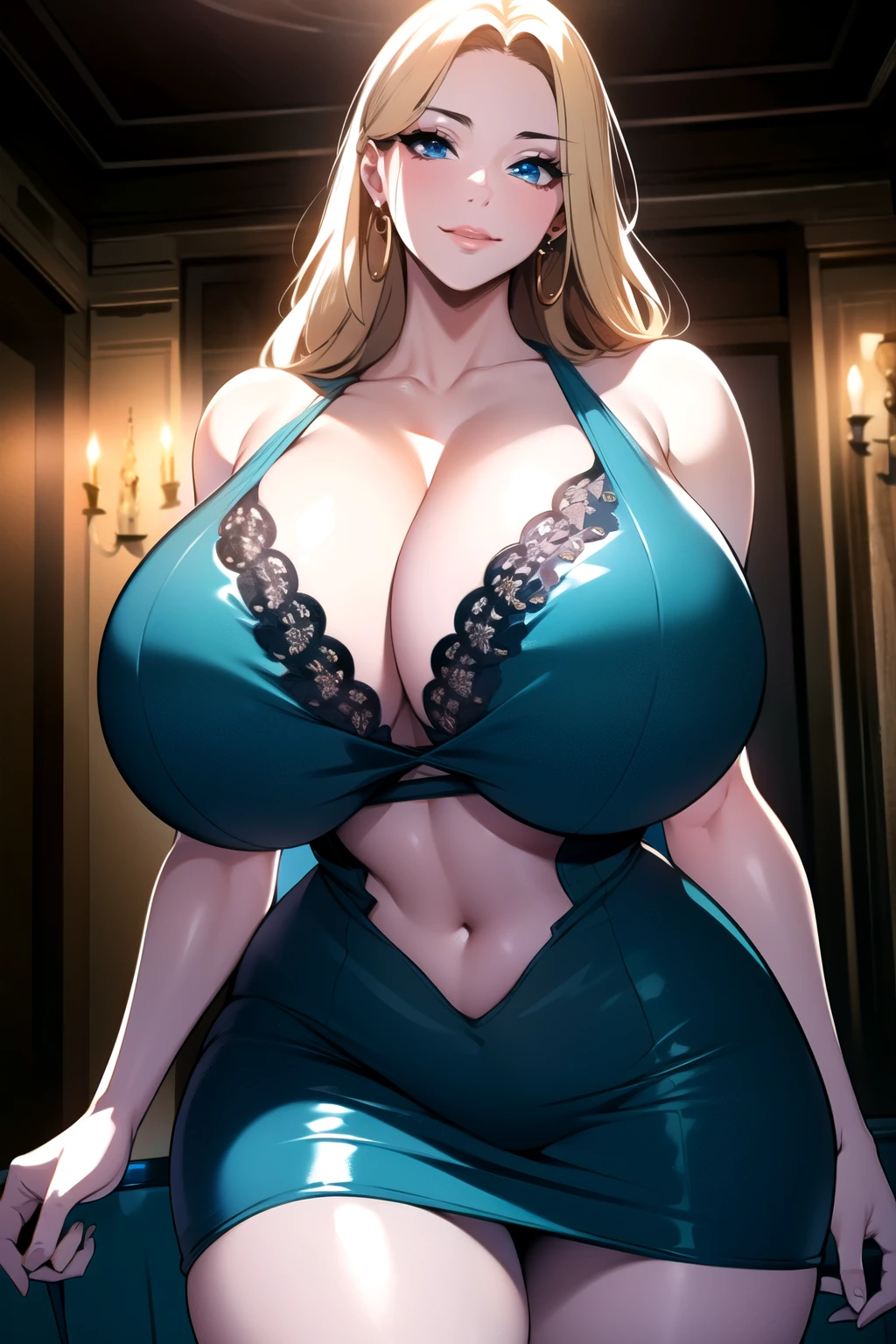 ultra realistic 8k cg, masterpiece, ((ultra detailed background,  intricate detail, highly detailed, fine details best quality, hyperdetailed face)), gigantic breasts ,beautiful lighting, absurdres, BoaHancockV2,  1girl, solo, blonde hair, long hair, jewelry, closed mouth, ), cleavage, minidress, bare shoulders, curvy, midriff, curvy, thighs, shiny clothes), blue eyes, complex detailed background, indoor, palace), ((cowboy shot)), curvy, (gigantic breasts: 1.4), seductive smile, cowboy shot,, earrings, jewelry