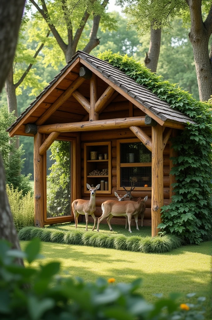 DESIGN FOR DEER’S SHELTER
Shelter in open garden area for deer to run and jump through with full greenery to mimic a natural forest environment
Tree logs to create the shelter
Large and open area
Lightweight and portable
Soft grass padded floor to provide comfortable resting area
Mesh windows for proper ventilation and allow deers to see outside world
Built in compartments for food
Water to keep them hydrated
Crow creepers to cover the shelter for giving it a look of natural landscape
Place the shelter in a quiet, shaded area of our yard