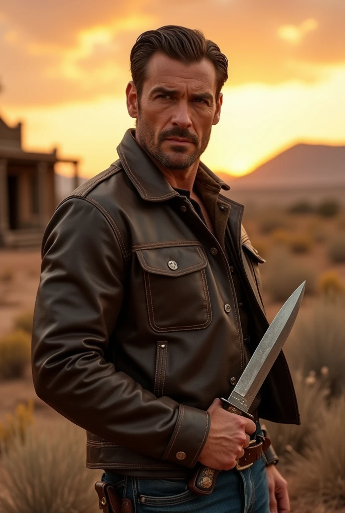 "A man in a leather jacket, holding a knife in his hand, in a classic Old West setting. Your hair is parted in the middle, giving it a serious and intense appearance, and your face is clean, sem beard, highlighting his striking features. The background reflects the arid and dusty atmosphere typical of the Wild West., with rolling weeds and the outline of a saloon in the distance."