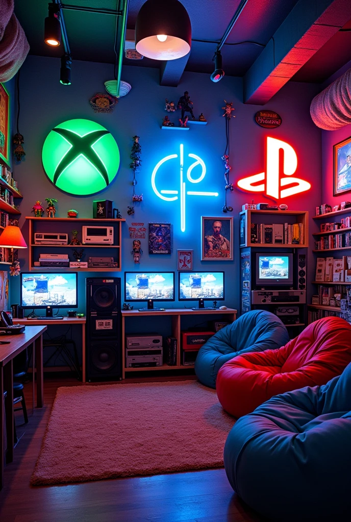 Video game room buy and sell Xbox and PlayStation logos