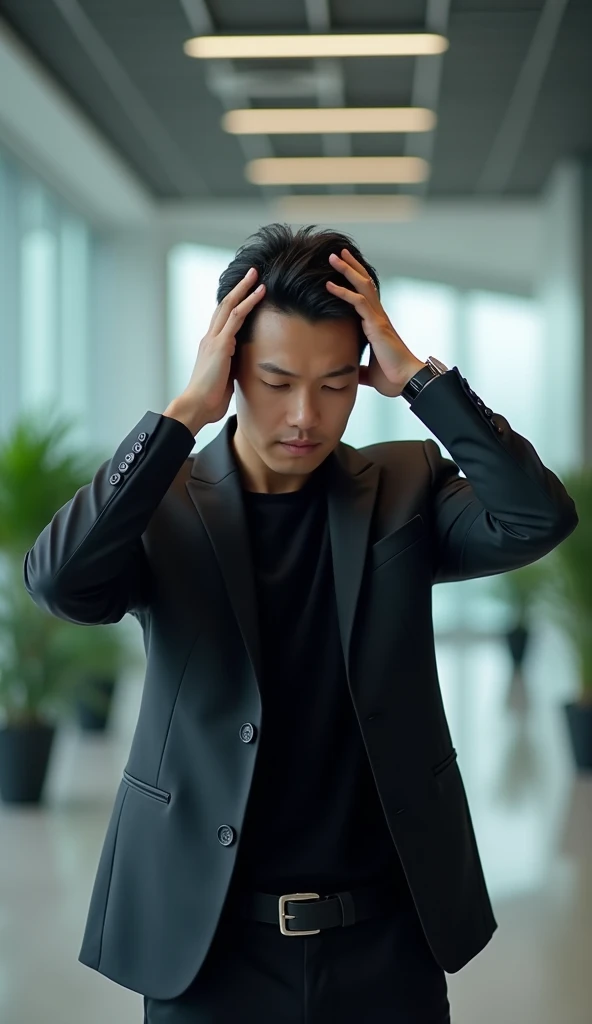 Create a handsome young Asian man,Wears black professional attire,Scratching the scalp with both hands,There is a lot of dandruff on the top of the head,White fine dandruff on the top of the head,The expression is unhappy,The characters are realistic and realistic,Office Background,9:16 frames,Ultra-high-definition picture quality