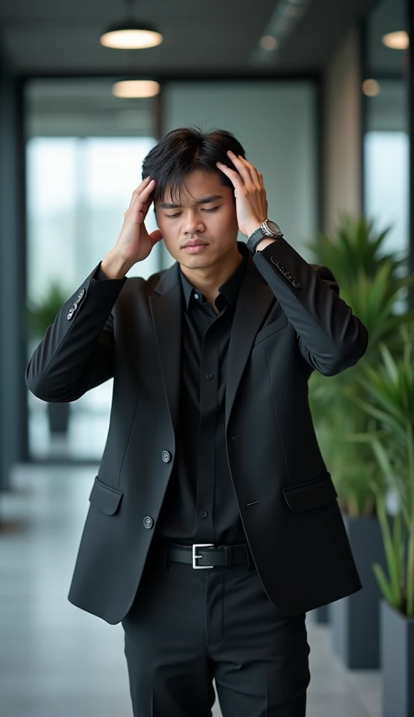 Create a handsome young Asian man,Wears black professional attire,Scratching the scalp with both hands,There is a lot of dandruff on the top of the head,White fine dandruff on the top of the head,The expression is unhappy,The characters are realistic and realistic,Office Background,9:16 frames,Ultra-high-definition picture quality