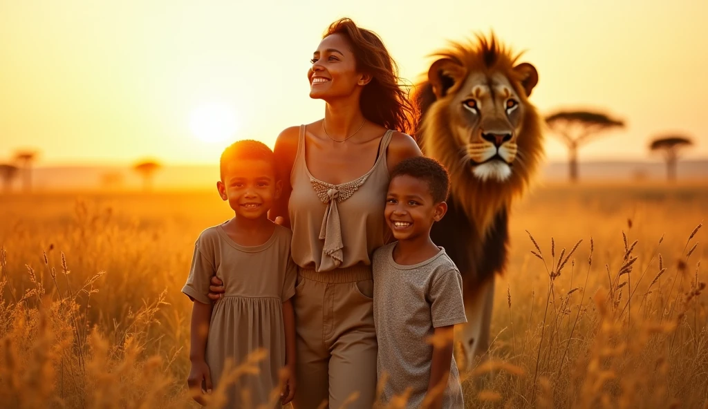 A woman with her two sons, accompanied by a majestic lion behind them.