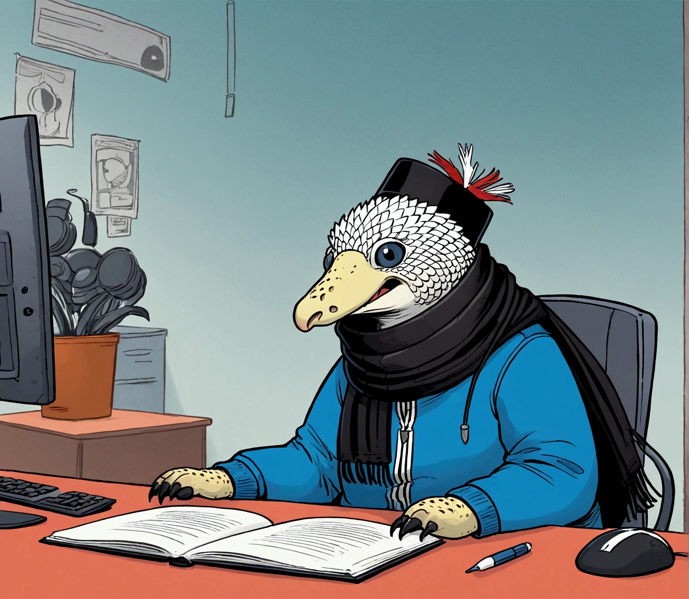Comic panel illustration, (masterpiece, best illustration,) White Pangolins Shag Beetle, Circle Eye, Zig zag Mouth, Fez Hat, blue tracksuit, Black scarf, by Guillaume Renard \(skchkko\), looking at viewer, Revulsion, desk in an office with a computer, dramatic motion lines