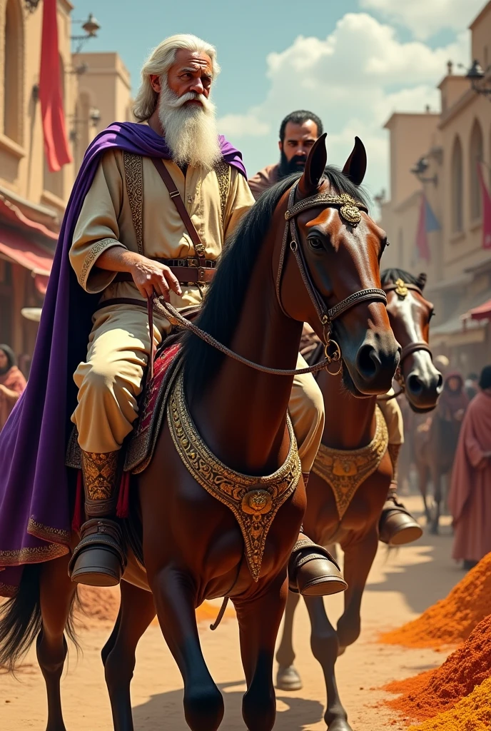 Hebrew man with a well-groomed white beard and a beige tunic with a purple cape with golden details. Make him riding a horse and a Persian general in front of the horse pulling the reins. Add the Persian market with spices in the background.