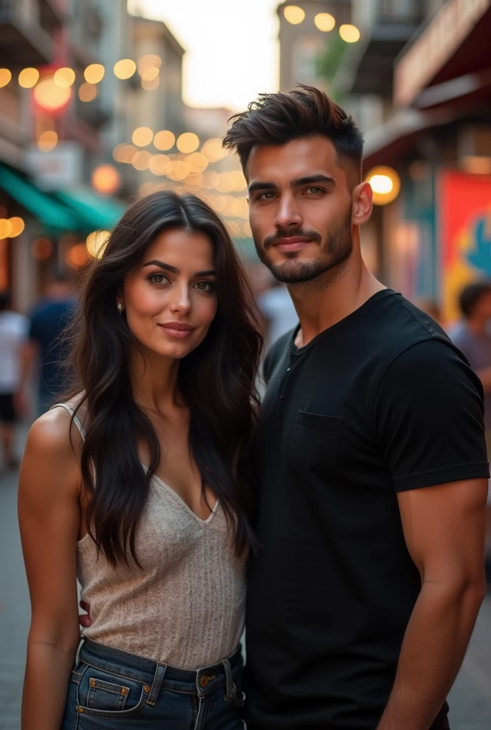 30 years, maybe less.. She is quite beautiful, with delicate and expressive features and long, dark hair that reaches her shoulders.. He has green eyes and lips that curve slightly into a soft smile... He is wearing a black t-shirt and dark jeans.