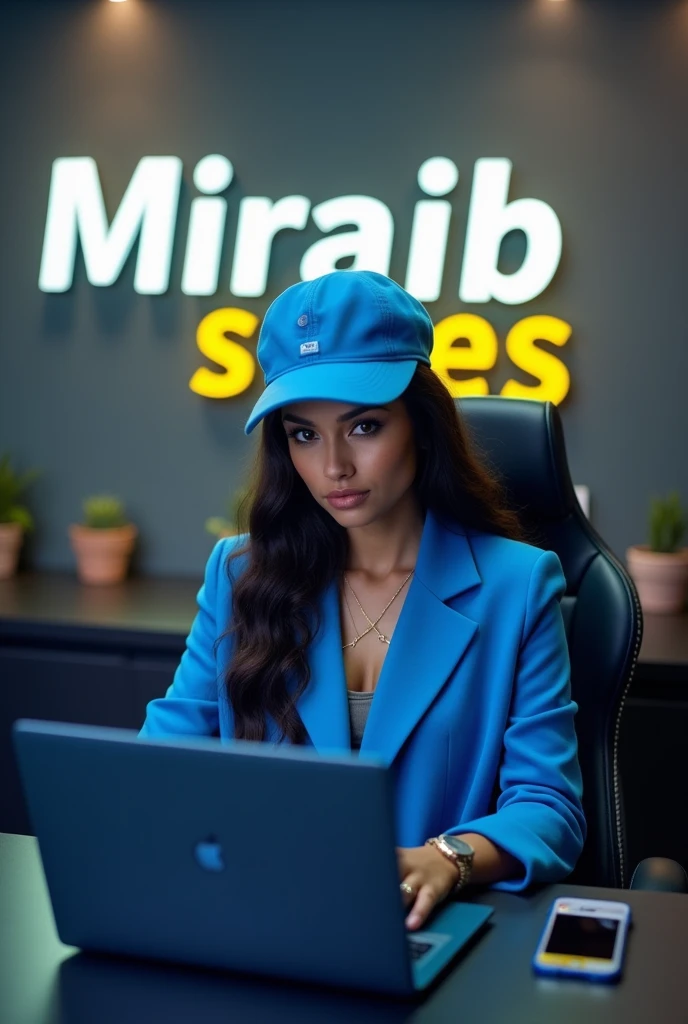 An Islamic women sitting in gaming chair wearing islamic dress and face face is my side eye contact with front side Audience in front table leptop and Mobile stand "miraib Styles" Yellow neown lighting room background in gray wall writing "Miraib Styles" White colour Yellow neown glow