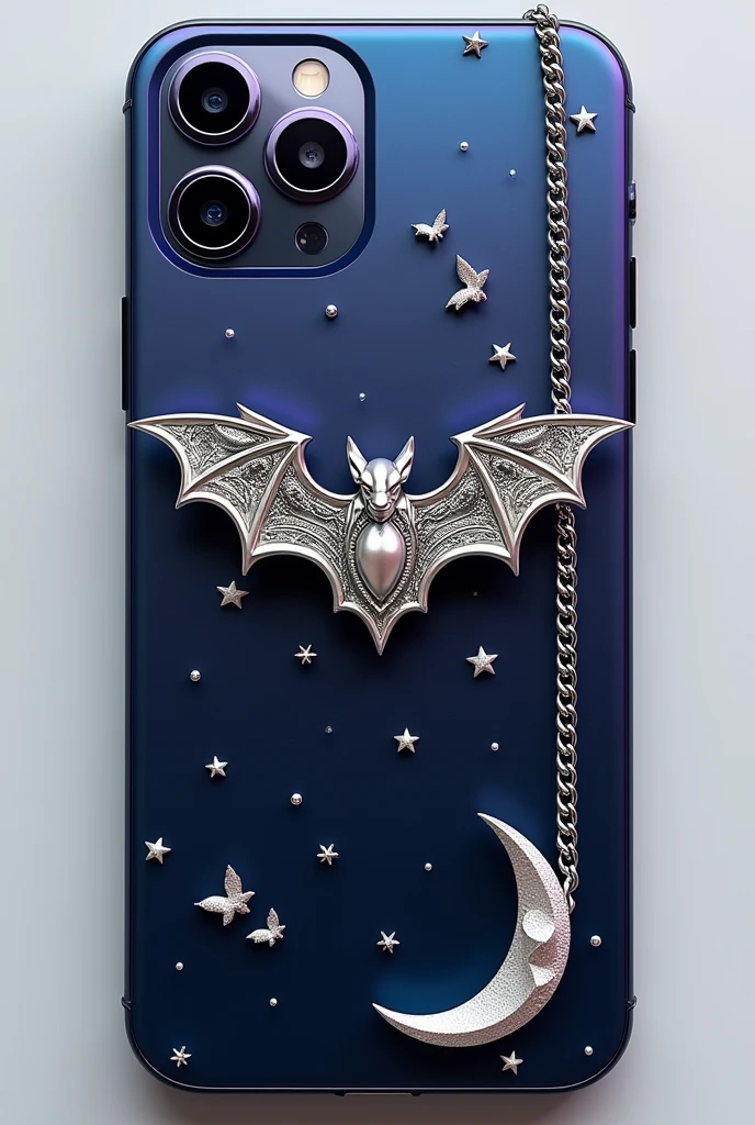 Phone case with silver 3d bat under the camera, silver chain going from the right side to the left, half moon at the bottom of the cll on the right side