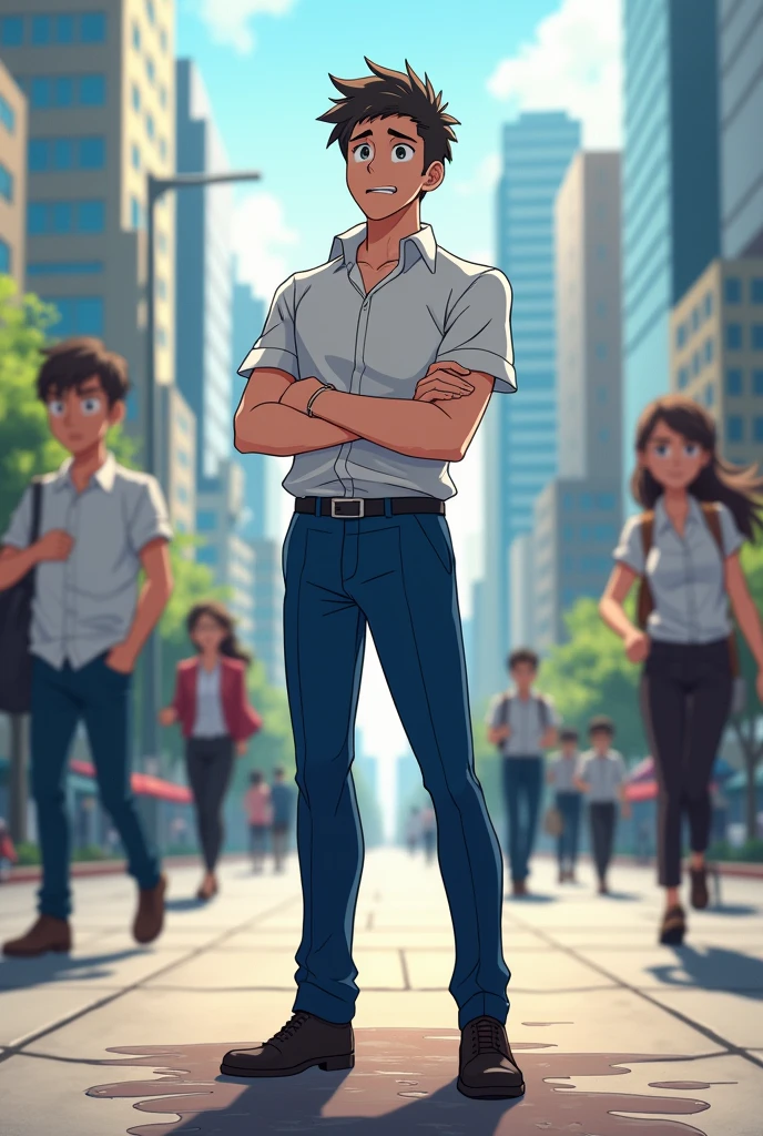 In the morning city, a slender and mascular young man in his blue suits pants is pissing himself, there's a pee stain on his pants. He couldn't hold his pee. He is holding his crotch to stop peeing but his pee is leaking out from his pants, and it is making a pee puddle at his feet. Short sleeve shirt, He looks embarrassed. Anime.