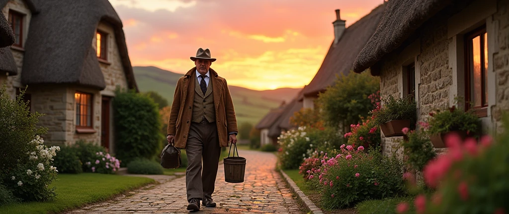 An image of a country gentleman, carrying a bucket, going home, em um vilarejo, country man, photo realist, image from bottom to top, horizon line
