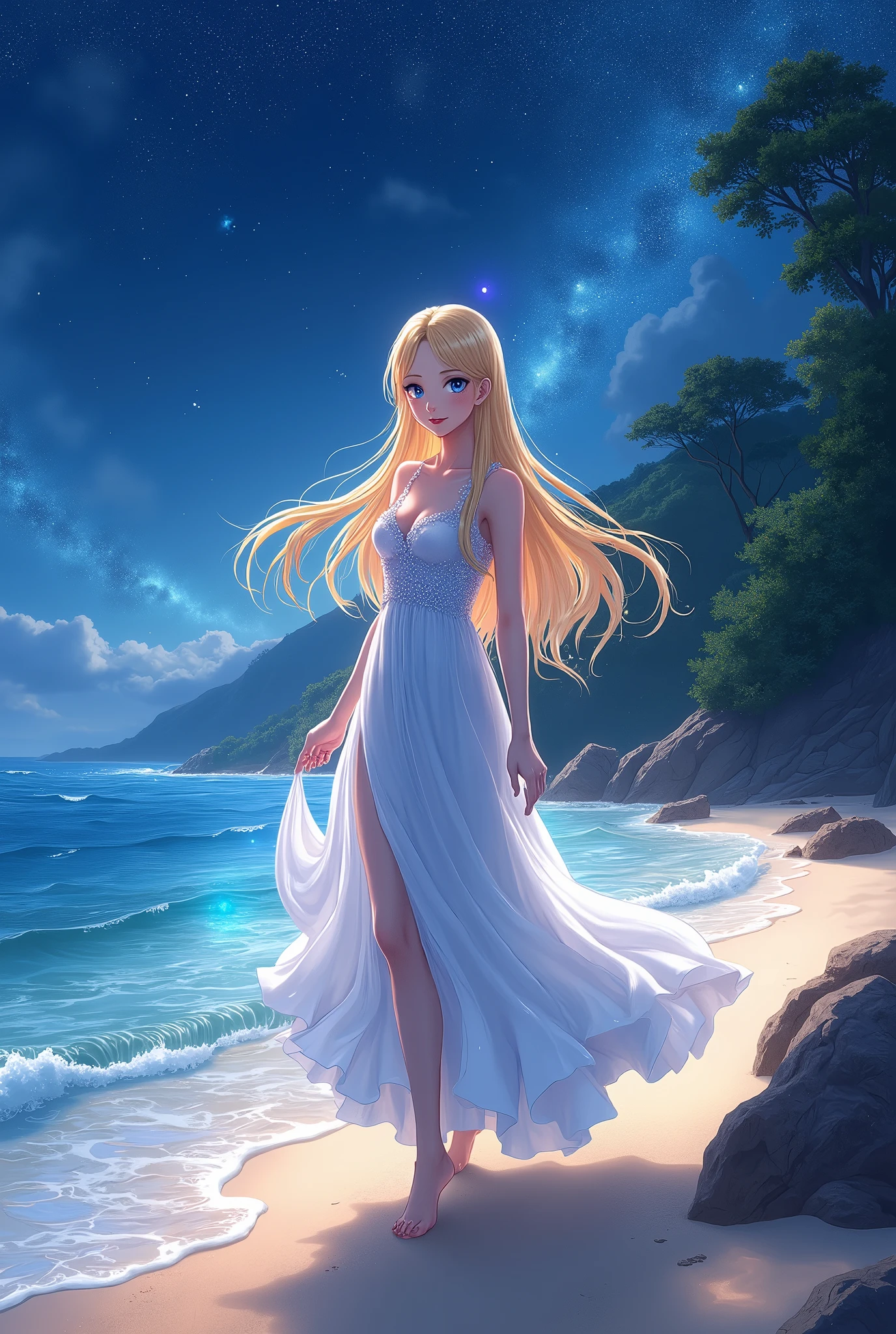 (masterpiece、Highest quality、8k、High resolution)、(Anime Girl)、Best Style、(The most beautiful face)、Clear skin、Clean blue eyes、Beautiful lips、Beautiful nose、Blonde Hair、Walking on the sand、Ocean、You can see the forest、A bright night with stars visible、Mysterious light particles emitting from the body、Very mysterious light、jewelry、necklace、dress、(whole body)、Highly detailed anime art、A complete portrayal、