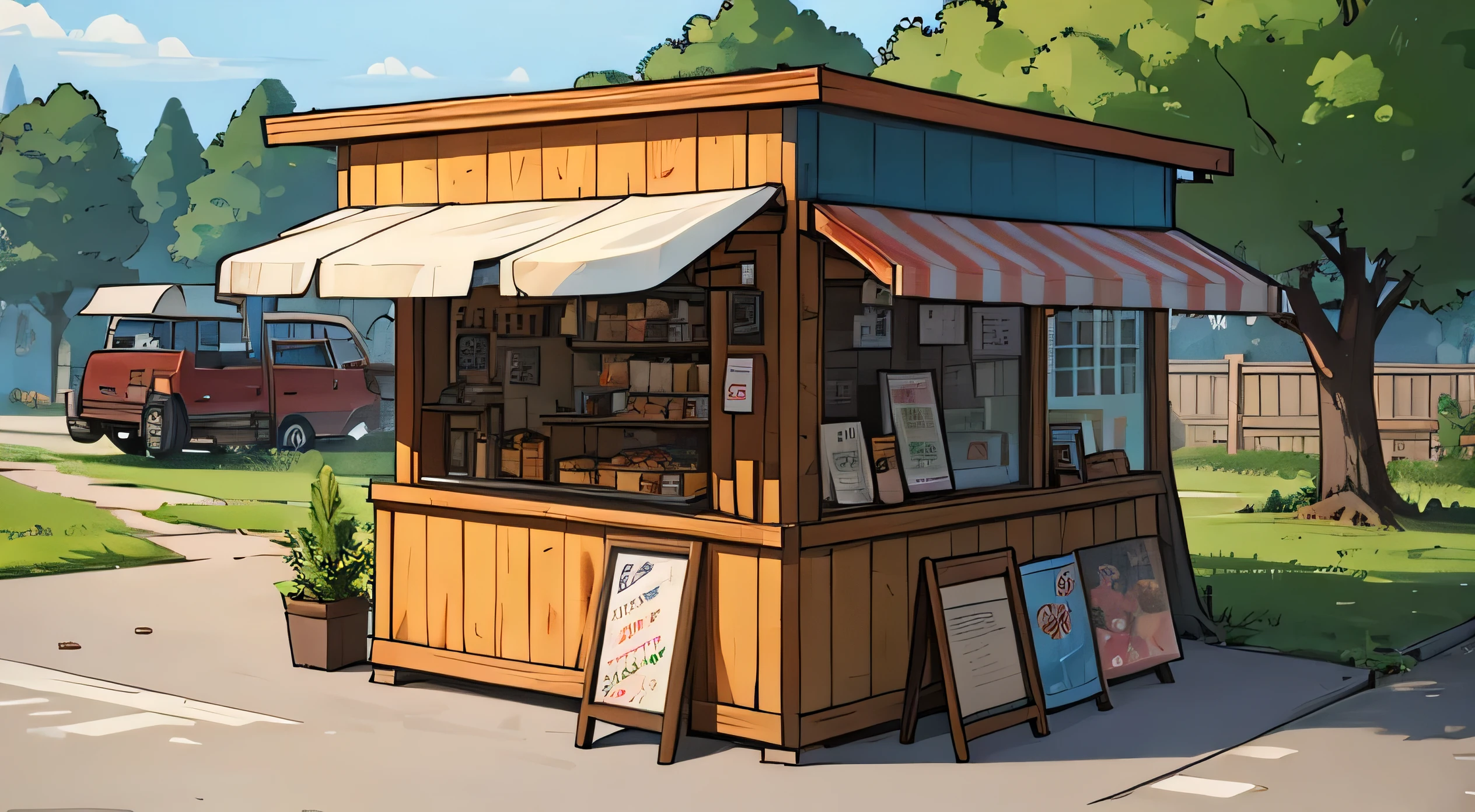 A small taco stand located on a street corner, featuring a simple and rustic design. The stand has a flat, rectangular structure with a corrugated metal roof and a colorful sign on top, displaying the name of the stand in bold, hand-painted letters. The front counter is cluttered with various condiments, containers, and utensils. The stand is surrounded by a few other small structures, giving it a cozy, informal feel. There are a few small windows where customers can order, and the stand is slightly worn, showing signs of regular use. Nearby, a few police officers are casually interacting near the stand, adding a subtle urban touch to the scene. The overall atmosphere is lively yet modest, capturing the essence of a typical street-side taco stand.