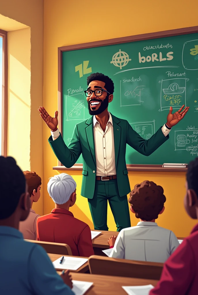 Cartoon of a black nigerian male teacher in a class room teaching both male and female old learners
