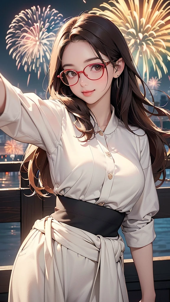 One Girl(High resolution, masterpiece, accurate, Anatomically correct), ((Landscape、Wearing glasses、A happy look、Slightly red cheeks))(((A pose with the waist bent forward:1.30、looking at the camera、Selfie)))、(Light Hair、Brown eyes、Straight hair)、((Colorful kimono))((festival、firework))、Highest quality, Ultra high definition, High-resolution model