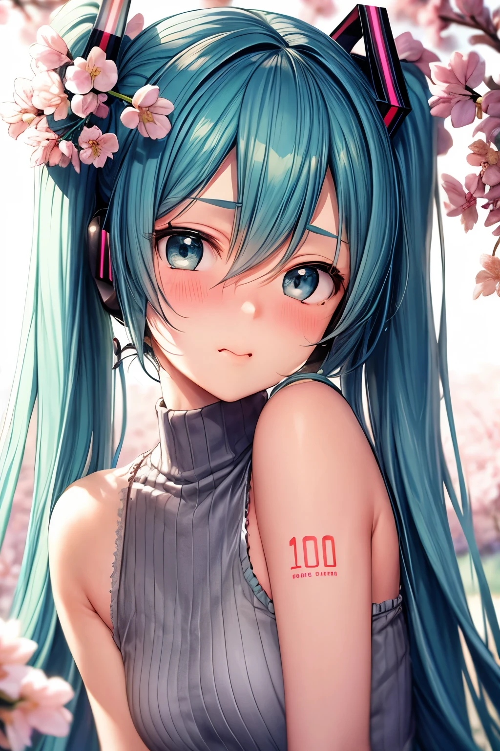 a cute shy pout-faced hatsune miku in a cherry blossom field, 1girl, beautiful detailed eyes, beautiful detailed lips, extremely detailed face, long eyelashes, beautiful soft skin, cute expression, gentle smile