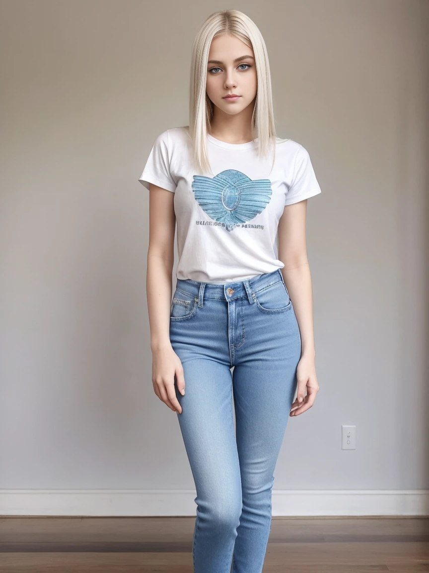 teenager , platinum blonde hair, intense blue eyes, delicate nose, round eyes wide lips almond shaped eyes oval face, jeans, t-shirt, sneakears, full body shot