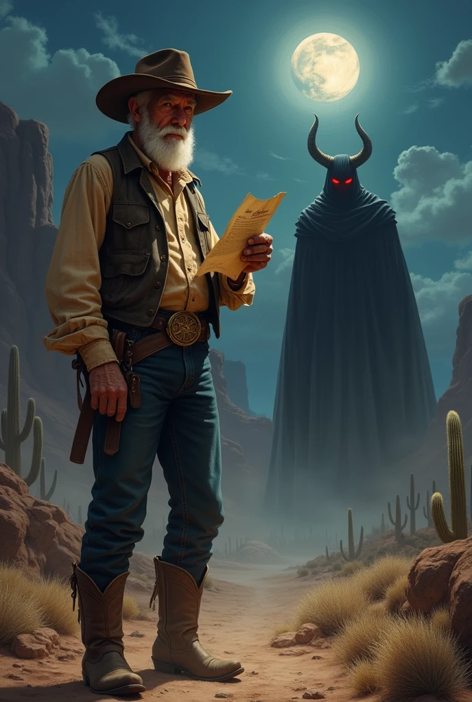 Elderly cowboy holding a contract in his hand with the devil in the background