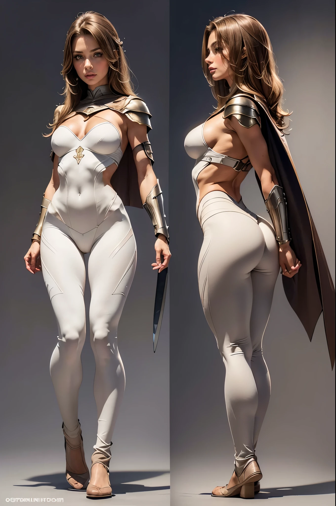 Detailed character sheet, Front view, Side view, Oblique view, with a white returnground, show women, 30 years old, with short dark brown hair combed return, 1 female warrior, Wavy Cape, long flowing hair, Swordsman Style, Light Armor, (Earth-toned long leggings), Slim figure, Toned thighs, Tight round ass, Low angle shot, From below, The seat includes different angles, Front desk etc.., return, and Side views, Model and Reference Sheets, Full body painting. The ratio is based on 7.5 Head Scale.