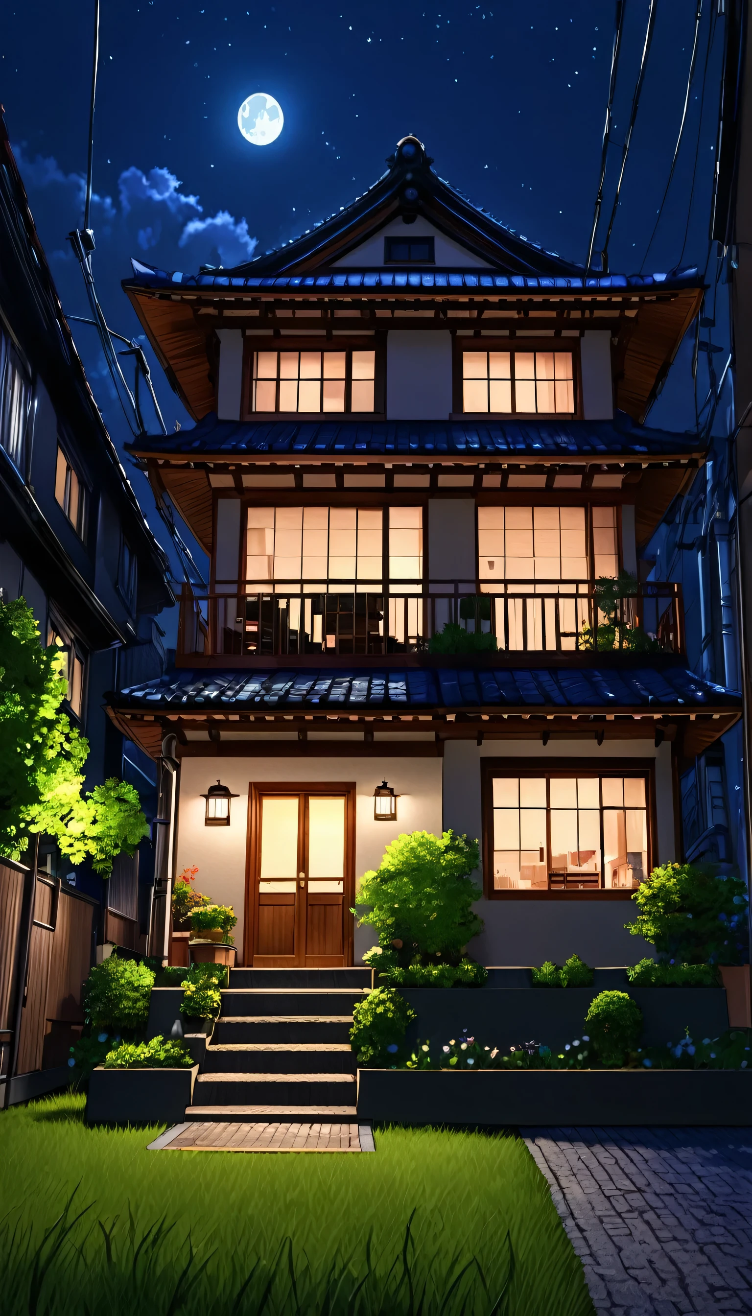 Anime Modern house on heart of Tokyo city in the night, low light, perfect lighting,ultra realistic, high resolution, highly detailed, grass on the front of house, electric pow, moon light behind the house,