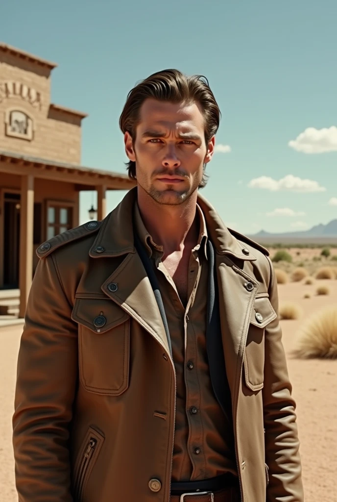 "A man in a leather jacket, holding a knife in his hand, in a classic Old West setting. Your hair is parted in the middle, giving it a serious and intense appearance, and your face is clean, sem beard, highlighting his striking features. The background reflects the arid and dusty atmosphere typical of the Wild West., with rolling weeds and the outline of a saloon in the distance." sem beard
