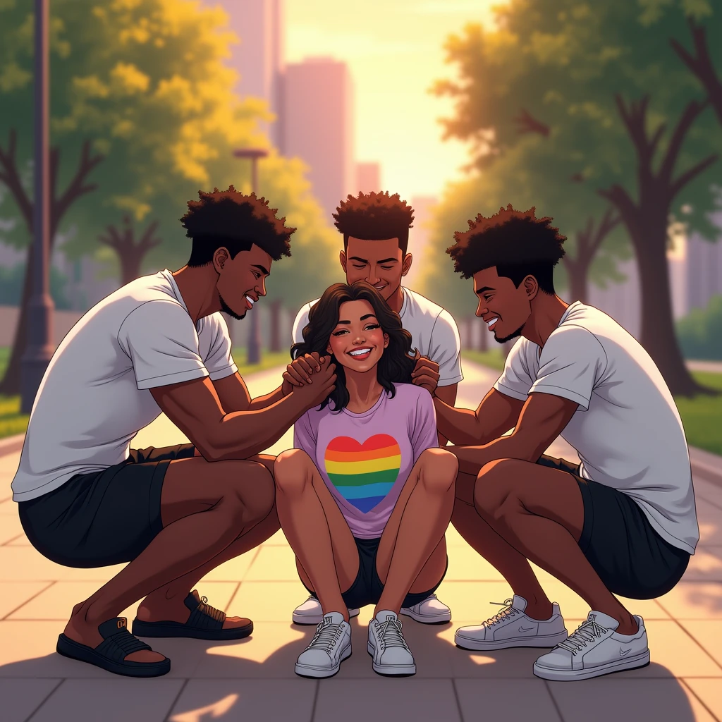 anime art: marvel art style, a squad of masculine 18-year-old black guys with a big bulge, wearing white t-shirt, black nike shorts and slides flip flops , they're squatting down on top of a sleeping woman wearing lgbt shirt