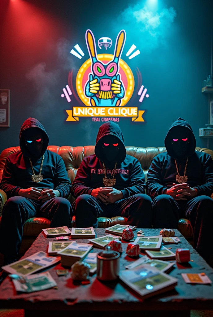 3 masked drug sellers in the traphouse in modern streetware style they smoke joints, count euro bills and have junk food and alcohol bottles on the table. an UnqiueClique logo in the background in cartoon look