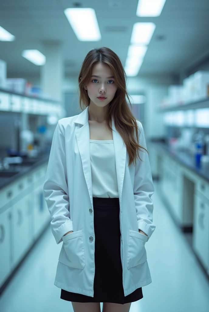 masterpiece, Best Quality, high quality, High resolution, 1 girl, Alone, Water (konosuba), For the blue, by the wide, blue eyes, White shirt ,bata larga de laboratory, Black office skirt, thighs, Whole body, standing, hands in pockets, bored, depth of field, laboratory,