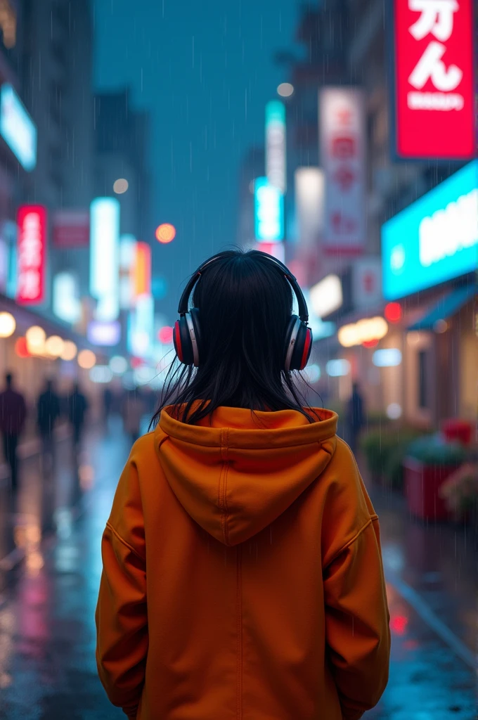masterpiece, girl alone, alone, Extremely ridiculous, Hoodies, earphone, street, outdoor, rain, neon,