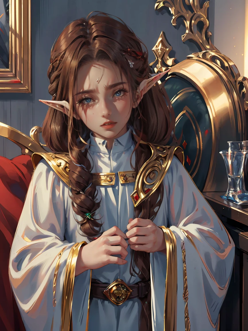 dark brown eyes, gloss lips, front look, close up, portrait, beautiful eyes, wearing a male white suit, big white, curly hair cut, clear skin, young five year old boy, solo, very long hair, ankle length hair, handsome older WOMAN,Hyperresolution,accuracy,Detailed rendering,(Image of fine hair)(topquality)(Masterpieces of masters)(High degree of completeness)(A sense of atmosphere)tmasterpiece,Super detailed and super detailed(((half-body portrait)))(((Elf male child))))((((Elf male ???)))(((Dark brown hair with red)))