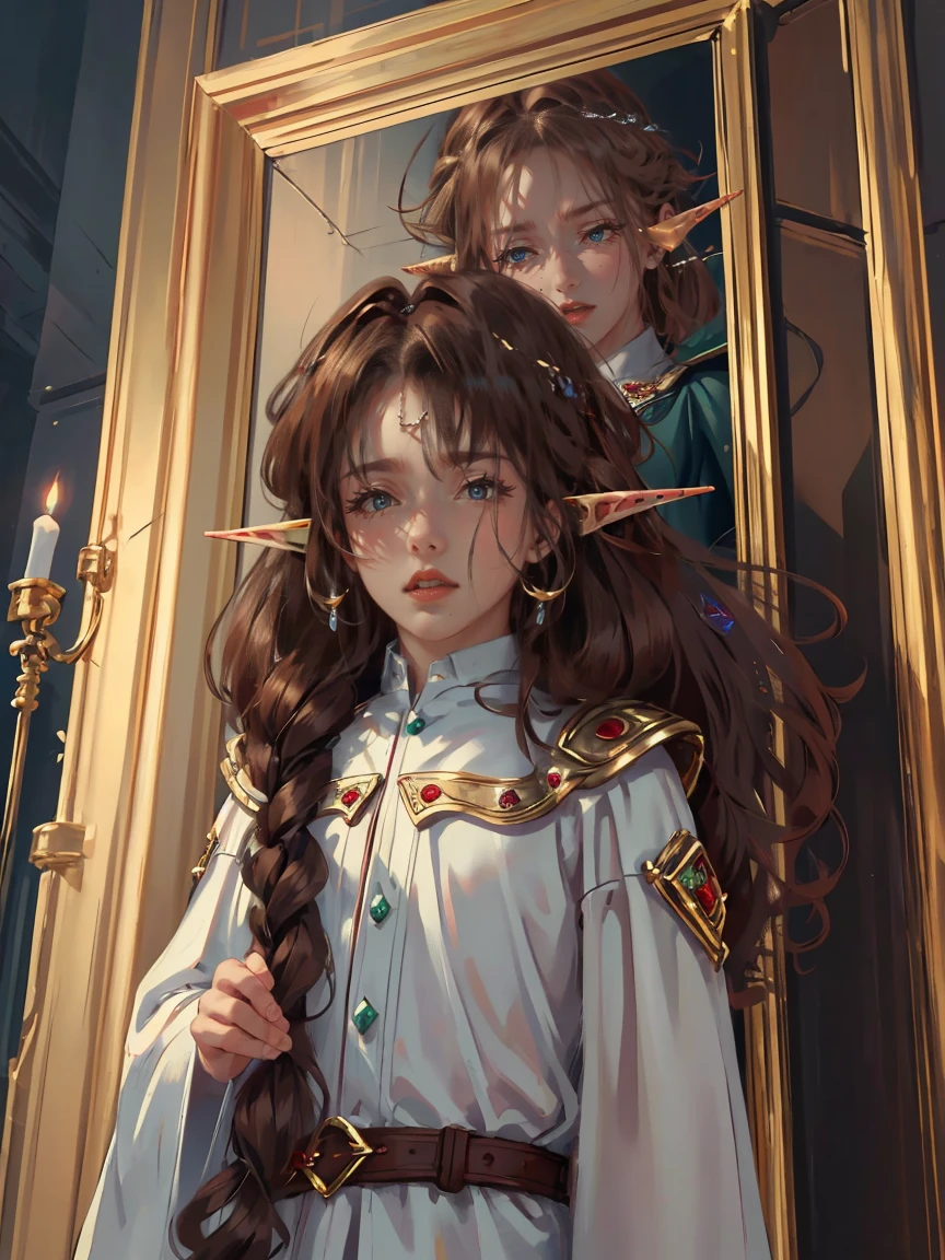 dark brown eyes, gloss lips, front look, close up, portrait, beautiful eyes, wearing a male white suit, big white, curly hair cut, clear skin, young five year old boy, solo, very long hair, ankle length hair, handsome older WOMAN,Hyperresolution,accuracy,Detailed rendering,(Image of fine hair)(topquality)(Masterpieces of masters)(High degree of completeness)(A sense of atmosphere)tmasterpiece,Super detailed and super detailed(((half-body portrait)))(((Elf male child))))((((Elf male kid)))(((Dark brown hair with red)))