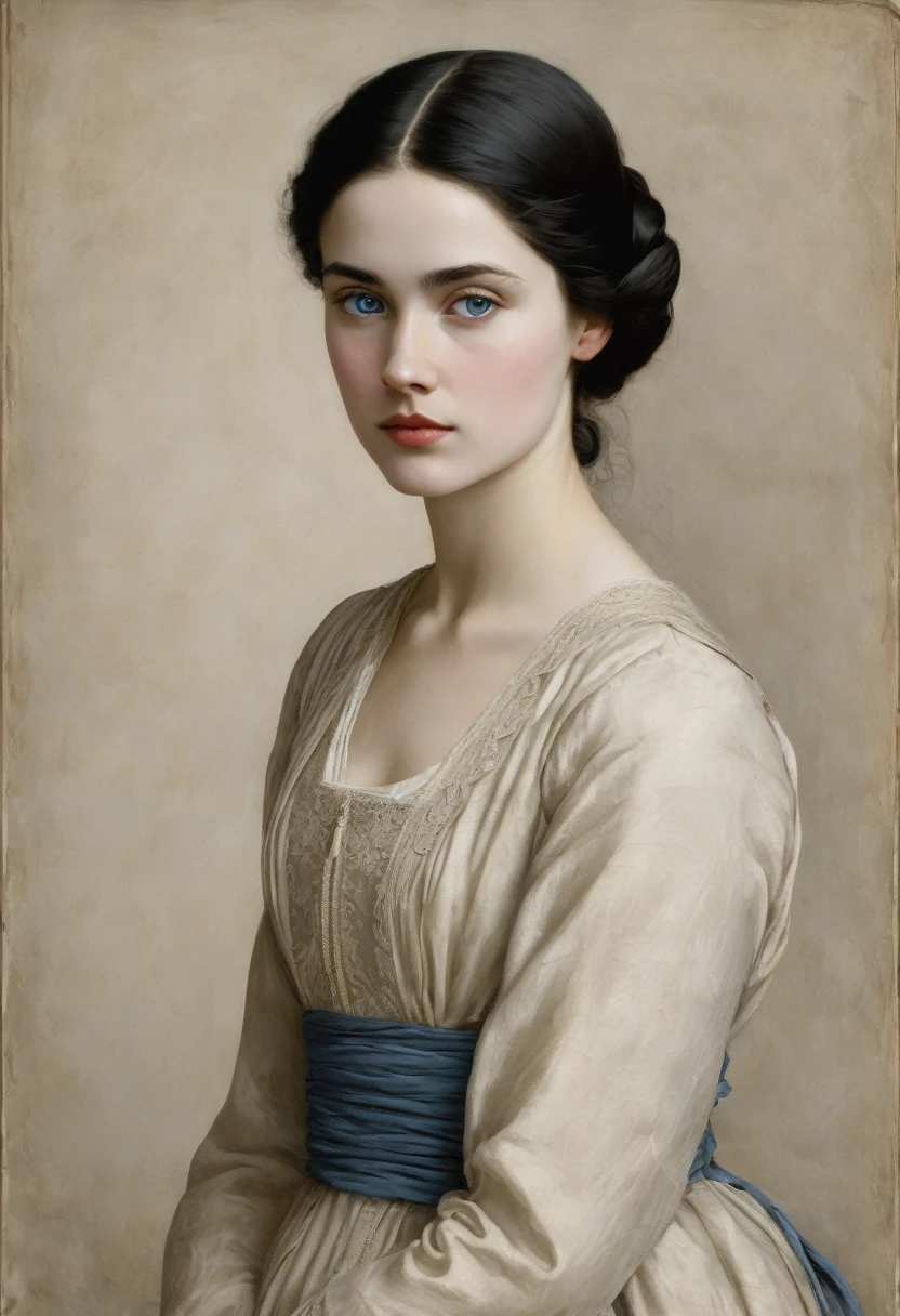 Depict a young woman with straight, voluminous black hair and large blue eyes. Her face is free of makeup, featuring beautiful lips and a slightly upturned nose, with harmonious proportions. She is tall and slim, with a well-proportioned body. The image should be extremely realistic and detailed, capturing her full body. Focus on the details of her face and body, including small imperfections that make the image appear more authentic and natural, such as variations in skin texture and minor blemishes. The result should look almost photographic, with attention to the finer details