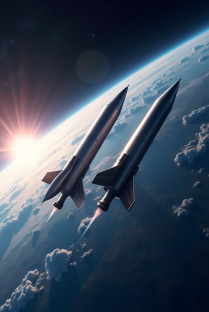 2 rockets far away with the earth in the background