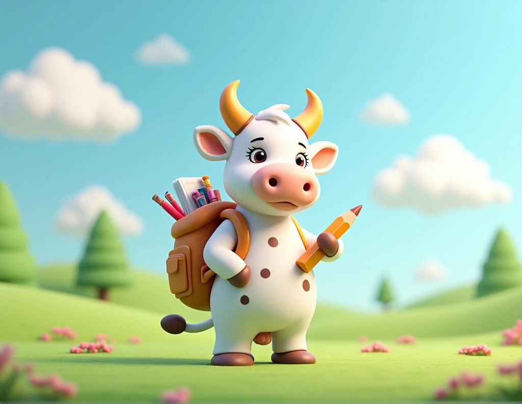 A white cow with its brown spots, mer, with positions linked to a stationery brand, some positions would be with a pencil, in 3d the drawing. cow with small horn and backpack on her back