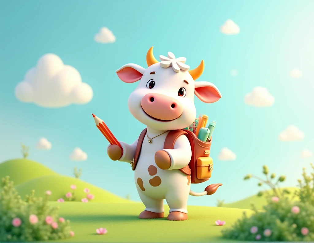 A white cow with its brown spots, mer, with positions linked to a stationery brand, some positions would be with a pencil, in 3d the drawing. cow with small horn and backpack on her back  