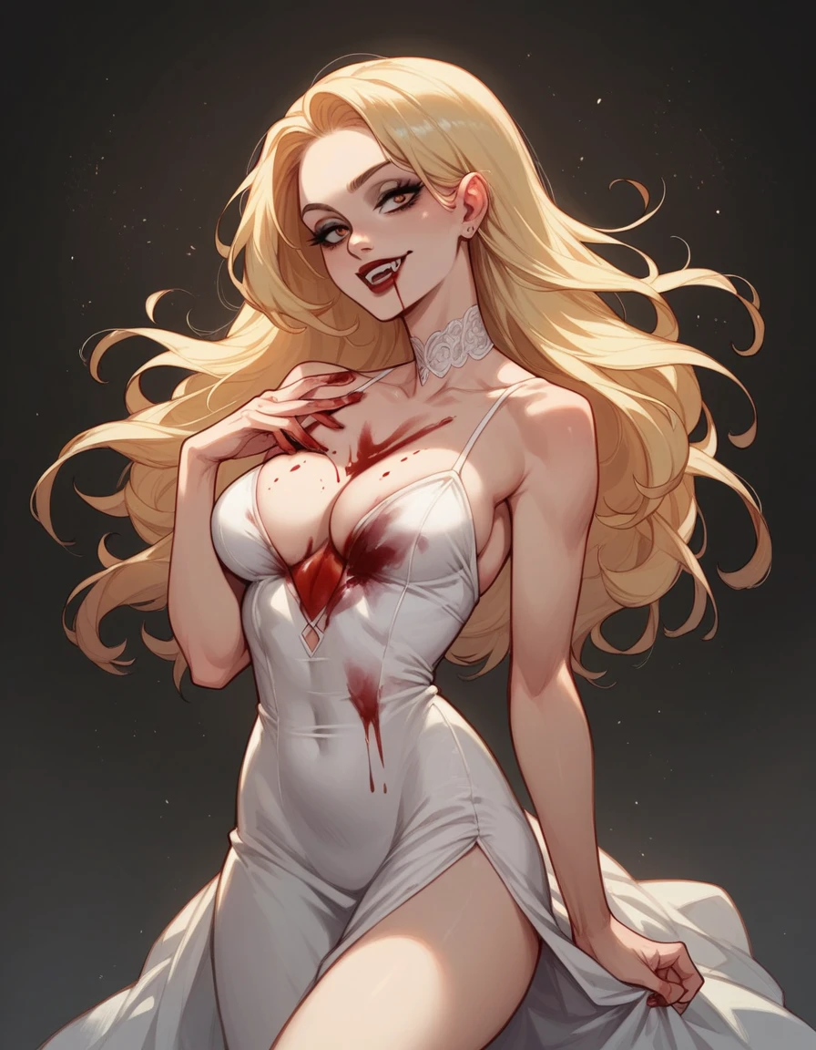 sexy female vampire. blonde cheerleeader by night. blood on dress. big tits