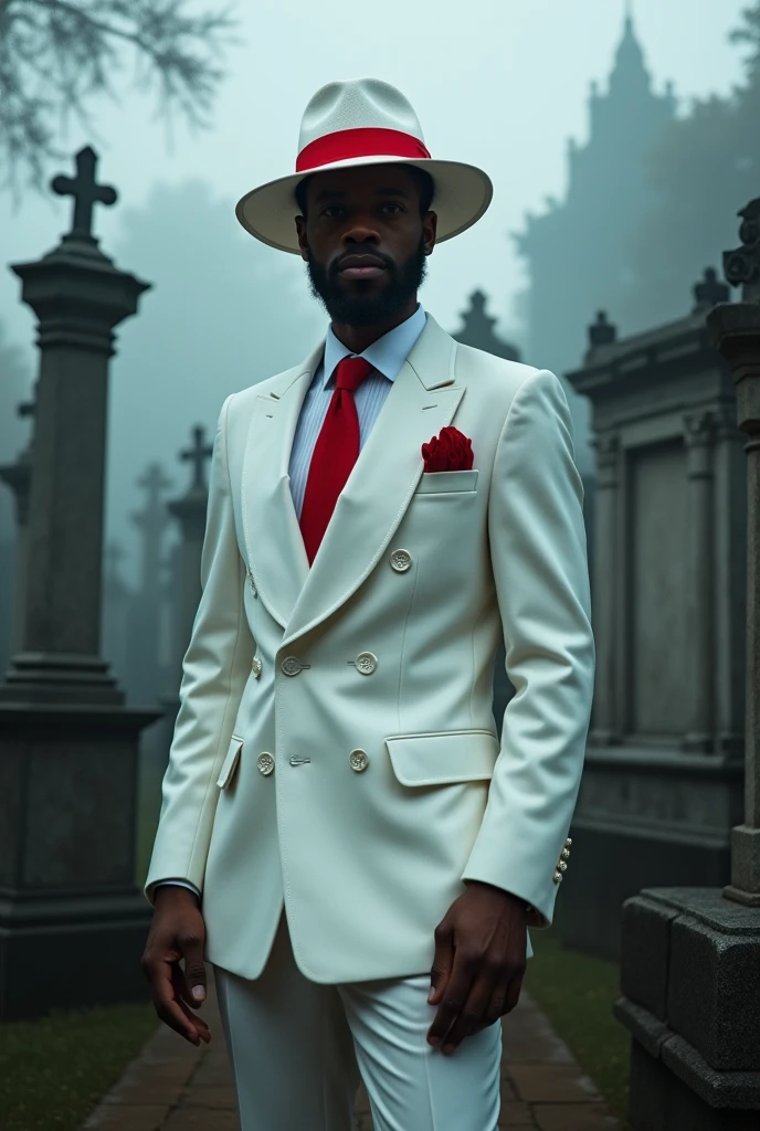 Zé Pelintra in a white suit with a red tie and a white hat with a red detail with a cemetery background