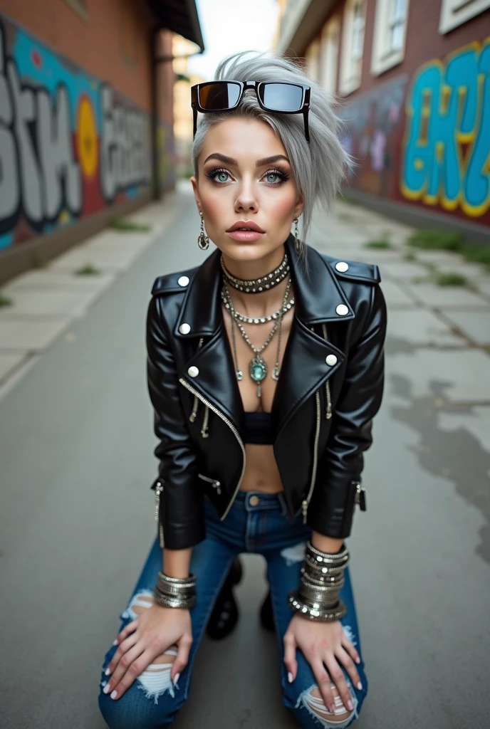 russian old woman, grey hair (pompadour, ponytail, shaved sides), wearing big oversized square sunglasses as headband, with very light blue eyes, extremely pale. Wearing cropped black moto jacket (padded shoulders) with lots of zippers and badges on jacket flaps, cropped t-shirt with big guns and roses logo, dark blue jeans with holes and pointy Chelsea boots with cuban heels . Big silicone breats of bracelets, long pendants collars and rings. Wide leather belt with oversized chanel buckle. Long earrings. Kneeling,, feeling thirsty, humbly looking at the camera, legs spread, tilted head, eyes and mouth wide open in amazement.. Toned abdominals, thin legs and thin arms. Tattoed