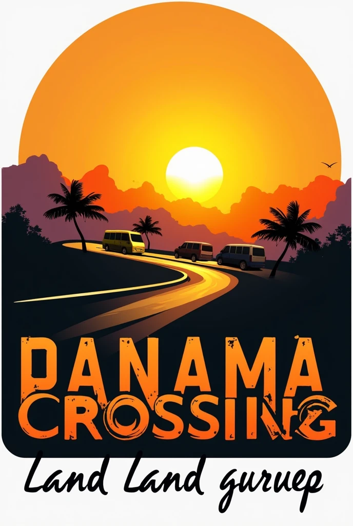 A logo of a land tourist transportation company with orange colors, black and white, with the name “Panama crossing” and a sunset behind the tourist land transports 