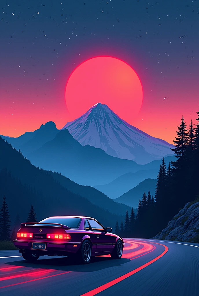 Un tatouage minimalisme non realiste en couleurs
Dune voiture roulant en direction d'une montagne en pleine nuit
Dans le style 2049
La voitures et la montagne sont tres éloigner
La route ne monte pas sur la montagne
Une jdm de la marque mazda des années 90