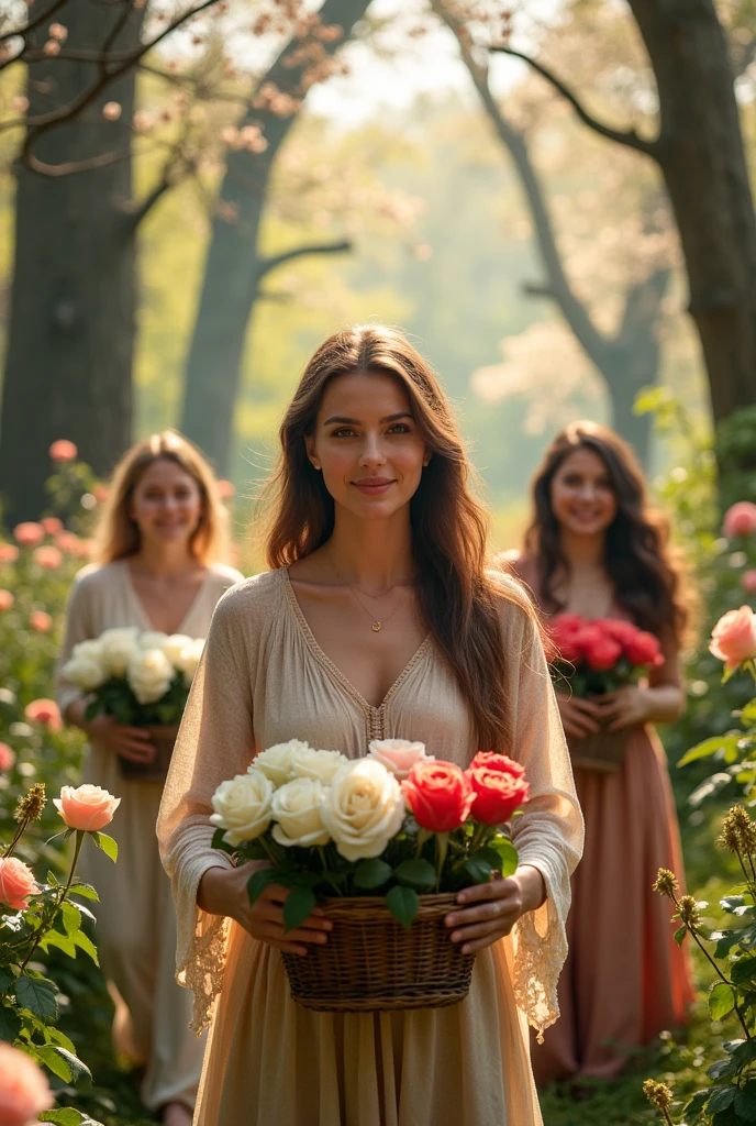 Create a spring image for a shamanic ritual that engages women's emotions, tones that remind us of spring, white and red roses and also flowers that match these roses, a woman holding a basket of picked flowers plus three smiling and happy women in this image that will be created as if it were a forest garden , do it in a way that reminds me of mysticism as if it were an astral journey