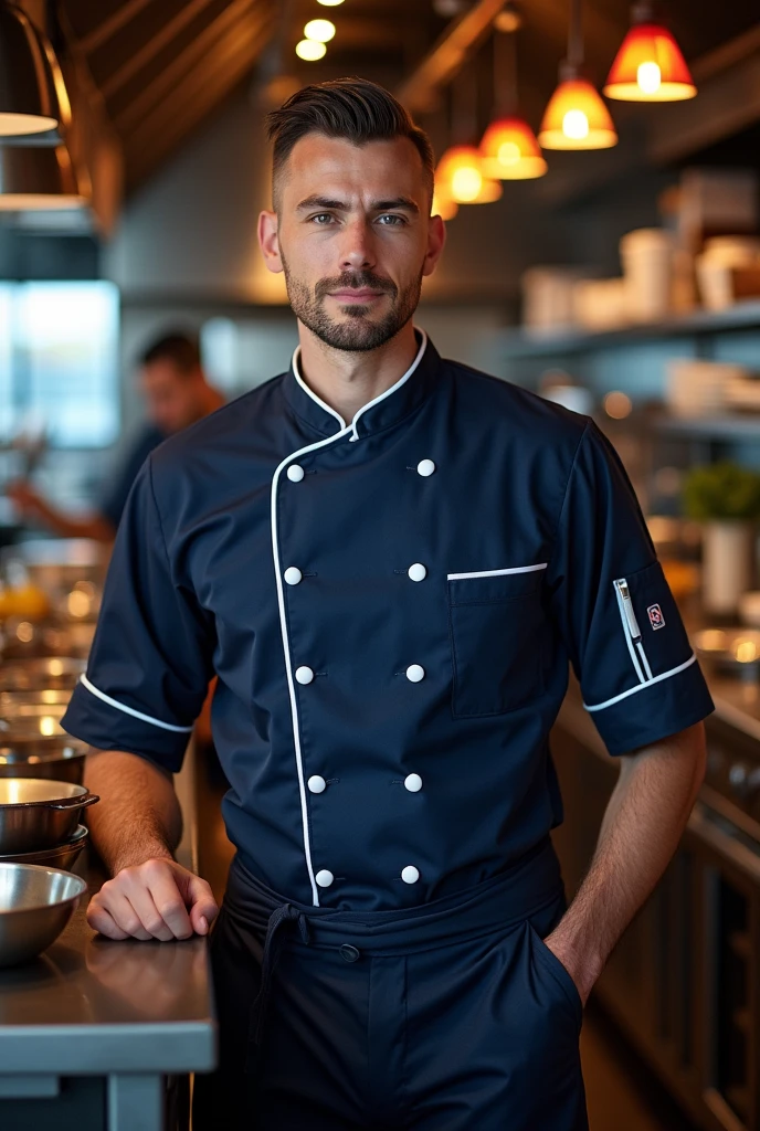 Navy blue chef's uniform with white details