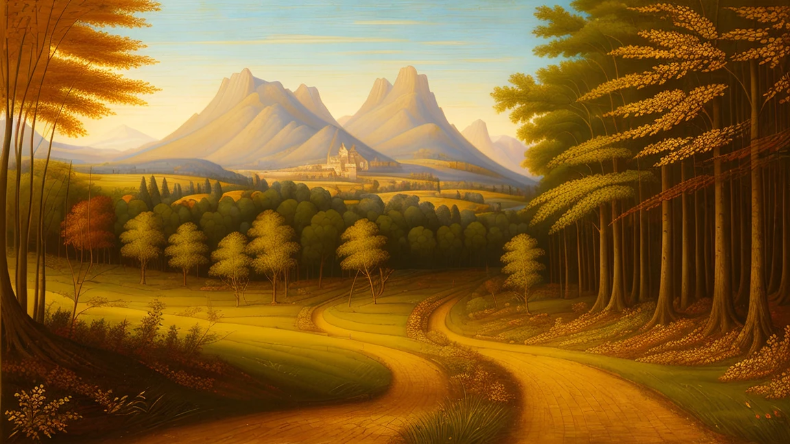 an art painting with the painting style of leonardo da vinci, the painting shows a forest destroyed by urbanization, bokeh, art,