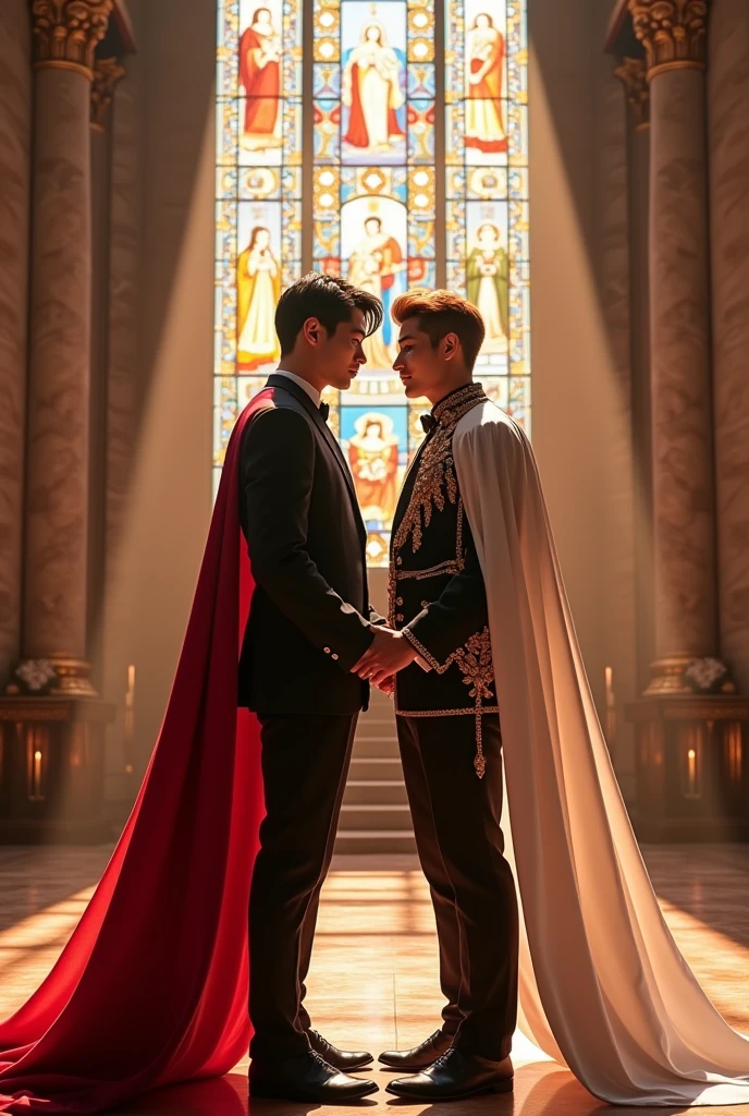 two men, getting married, They are gay, UN BL.
Shownu:Tall and robust Alpha King, with strong features and short black hair. He wears a black suit with gold details and a red cape., in addition to a golden crown.
Kihyun: Slim Prince Omega with soft features and light brown hair. He wears a white and silver suit with a light cape and a discreet silver crown..
Environment: Wedding in a luxurious cathedral with marble columns and colorful stained glass windows, creating a solemn and majestic atmosphere