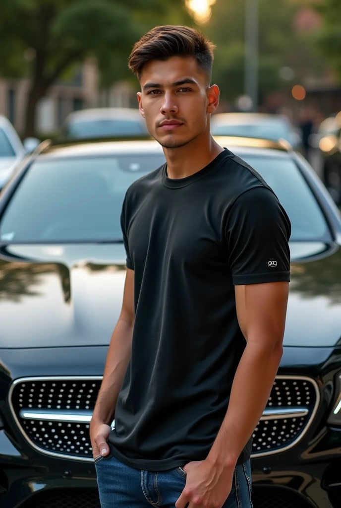 "A 21-year-old young man with a square-shaped face, short hair, and a slim, defined body standing confidently in front of a sleek Mercedes car in an upscale parking lot. The man is casually dressed in a fitted T-shirt and jeans. The scene is ultra-realistic, with detailed lighting that highlights the contours of his face and the shine on the car. The parking lot is well-lit, with a few other luxury vehicles in the background, adding to the atmosphere of exclusivity and sophistication."