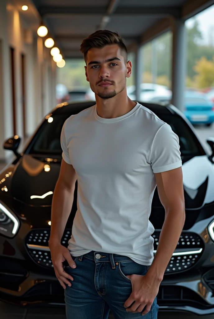 (One Caucasian young man:1.2), short curly hair, full body shoot, (near parking:1.5),((filmy grain)), realistic, photorealistic, hyper-realistic, candid pose, slight smile, wearing only shorts, perfect hands, perfect fingers, perfect limbs,