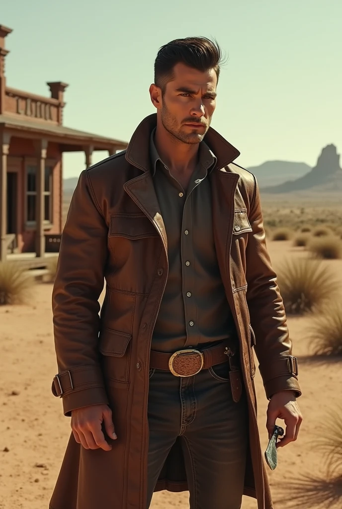 "A man in a leather jacket, holding a knife in his hand, in a classic Old West setting. Your hair is parted in the middle, giving it a serious and intense appearance, and your face is clean, sem beard, highlighting his striking features. The background reflects the arid and dusty atmosphere typical of the Wild West., with rolling weeds and the outline of a saloon in the distance." sem beard