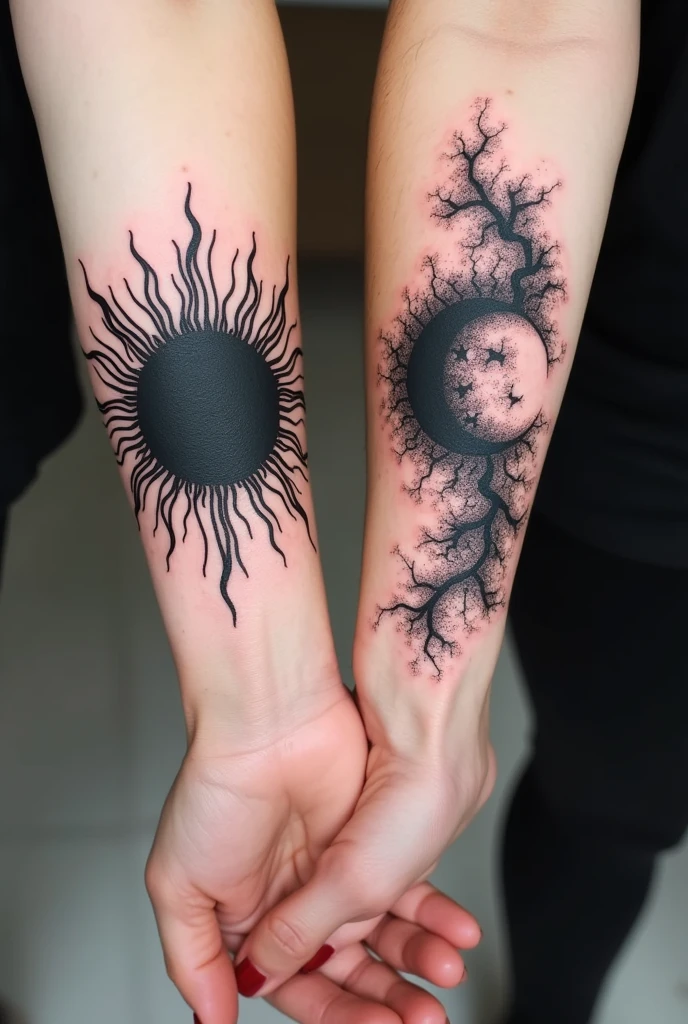 Create two separate couple tattoos that complement each other of the sun and moon with the all-black suminagashi style. I want a sun in one person and a moon in another, simpler still simpler 